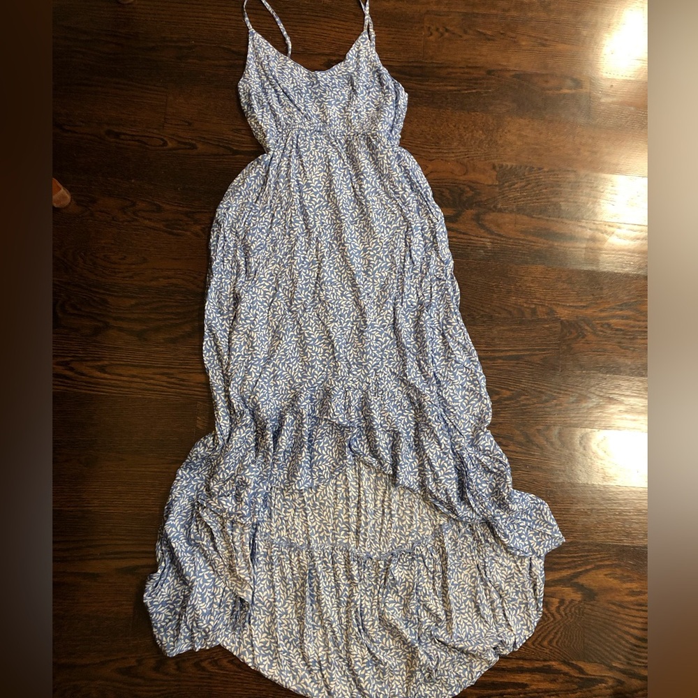 Elegant High-Low Blue and White Floral Dress Spaghetti Straps Size Small
